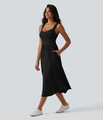Robe décontractée midi fluide sans manches dos croisé avec poches D-F