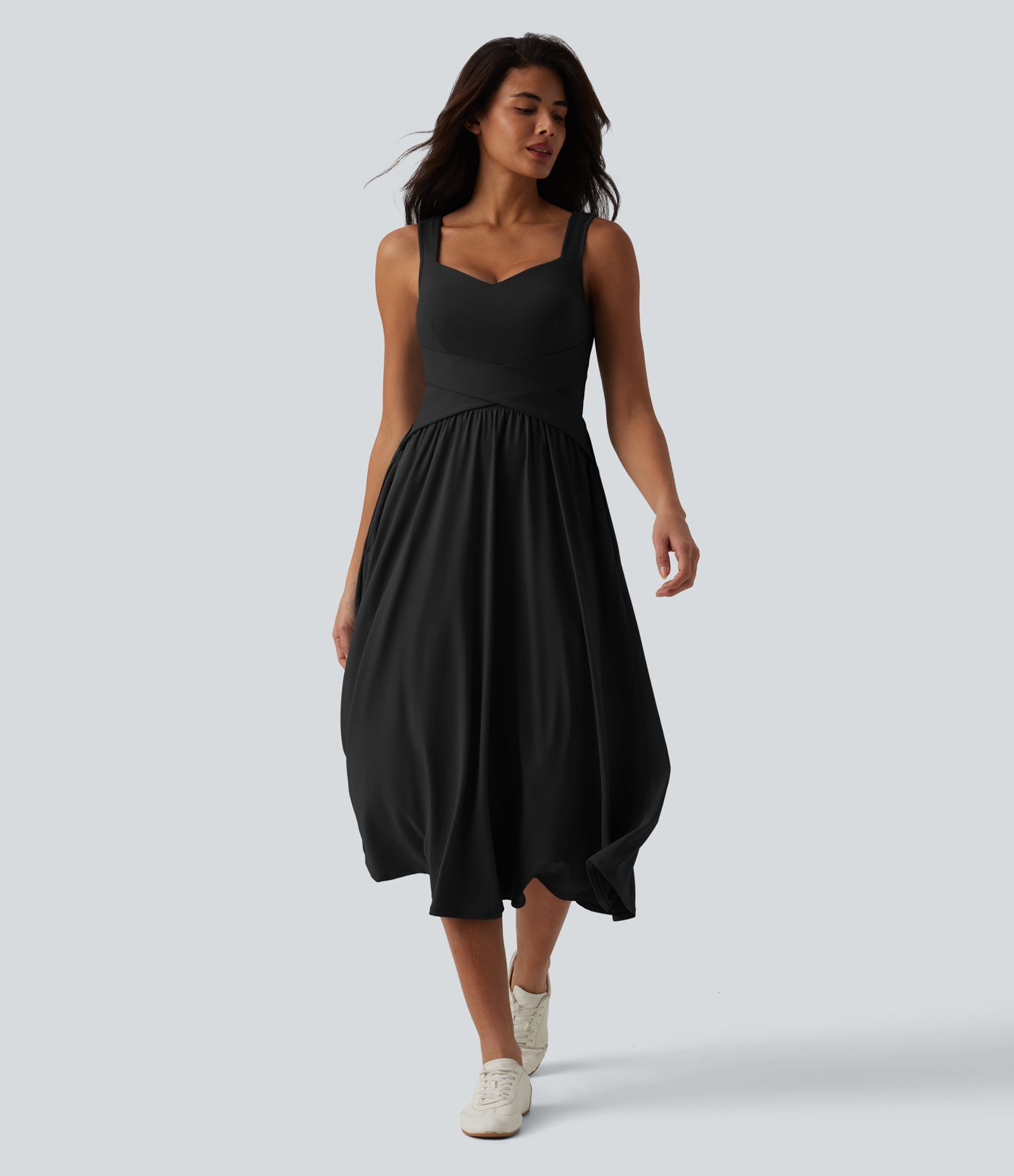 Robe décontractée midi fluide sans manches dos croisé avec poches D-F