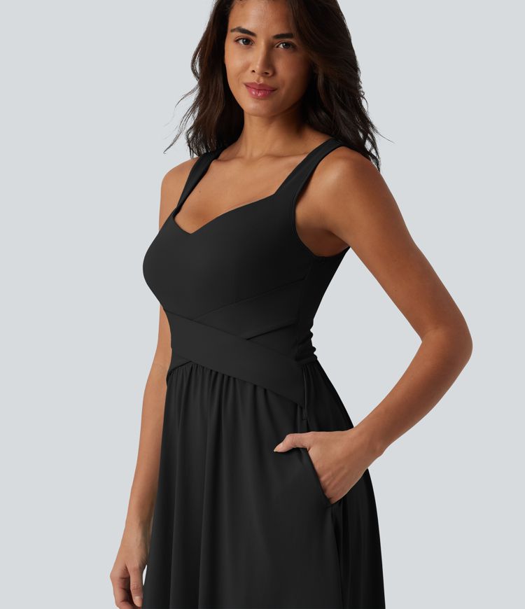 Robe décontractée midi fluide sans manches dos croisé avec poches D-F