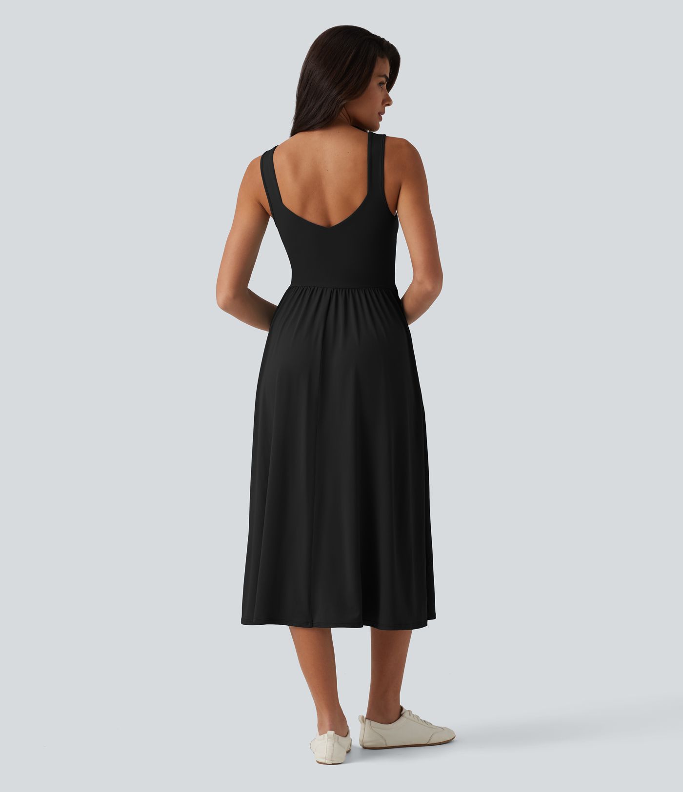 Robe décontractée midi fluide sans manches dos croisé avec poches D-F