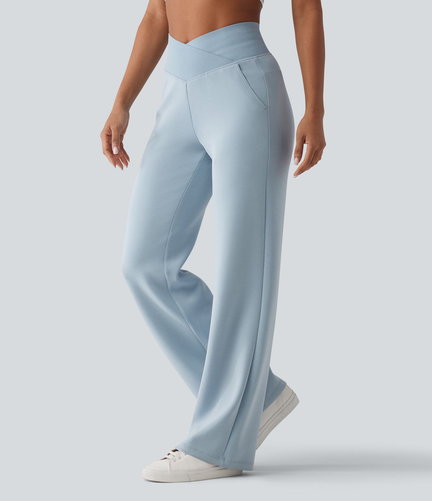 SpacerTek™ High Waisted Crossover Tummy Control Straight Leg Casual Pants with Pockets