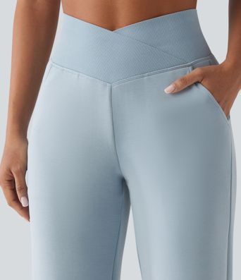 SpacerTek™ High Waisted Crossover Tummy Control Straight Leg Casual Pants with Pockets
