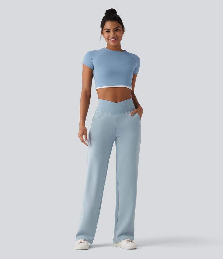 SpacerTek™ High Waisted Crossover Tummy Control Straight Leg Casual Pants with Pockets