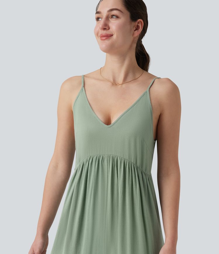 Adjustable Straps Sleeveless Backless Tie-back Linen Casual Baggy Jumpsuit