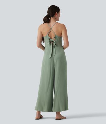 Adjustable Straps Sleeveless Backless Tie-back Linen Casual Baggy Jumpsuit