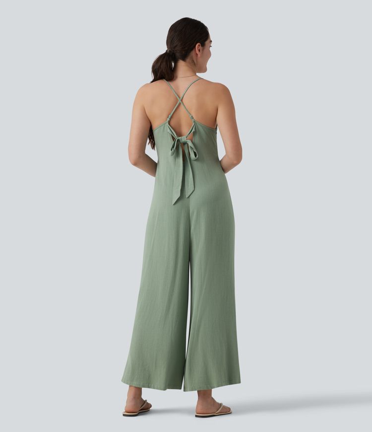Adjustable Straps Sleeveless Backless Tie-back Linen Casual Baggy Jumpsuit