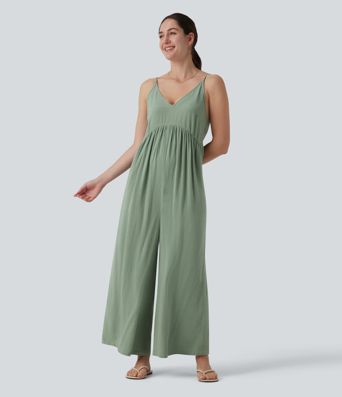 Adjustable Straps Sleeveless Backless Tie-back Linen Casual Baggy Jumpsuit