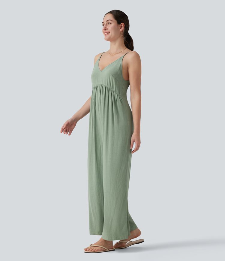 Adjustable Straps Sleeveless Backless Tie-back Linen Casual Baggy Jumpsuit