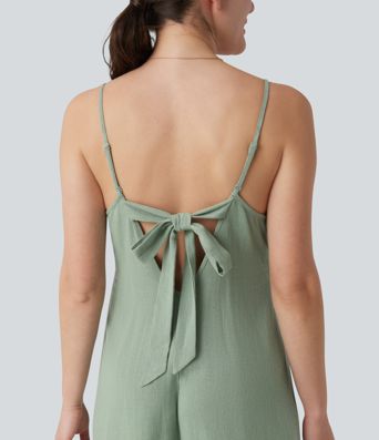 Adjustable Straps Sleeveless Backless Tie-back Linen Casual Baggy Jumpsuit