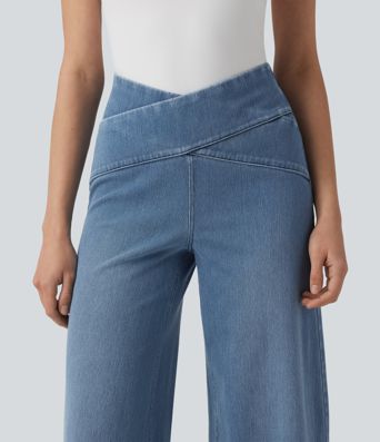 Halara Flex™ Crossover High Waisted Tummy Control Casual Wide Leg Jeans with Pockets