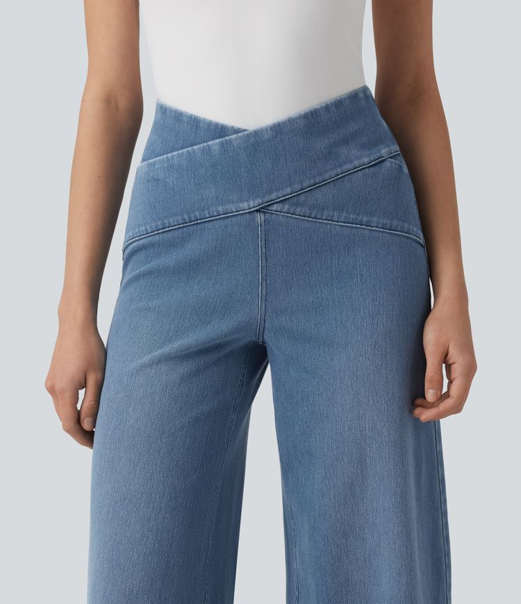 Halara Flex™ Crossover High Waisted Tummy Control Casual Wide Leg Jeans with Pockets