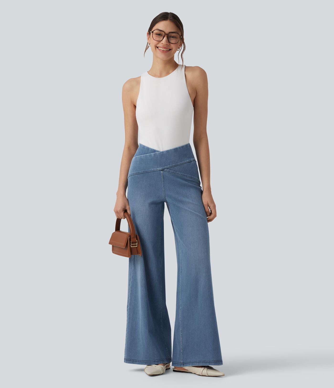Halara Flex™ Crossover High Waisted Tummy Control Casual Wide Leg Jeans with Pockets