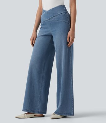 Halara Flex™ Crossover High Waisted Tummy Control Casual Wide Leg Jeans with Pockets
