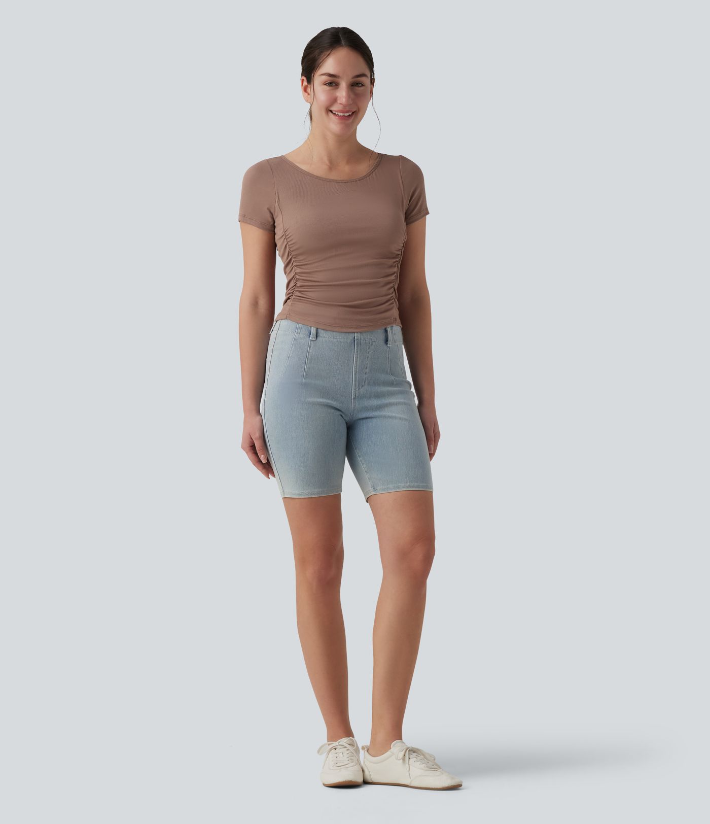 Ribbed Boat Neck Short Sleeve Ruched Built-in Bra Casual Slim T-Shirt