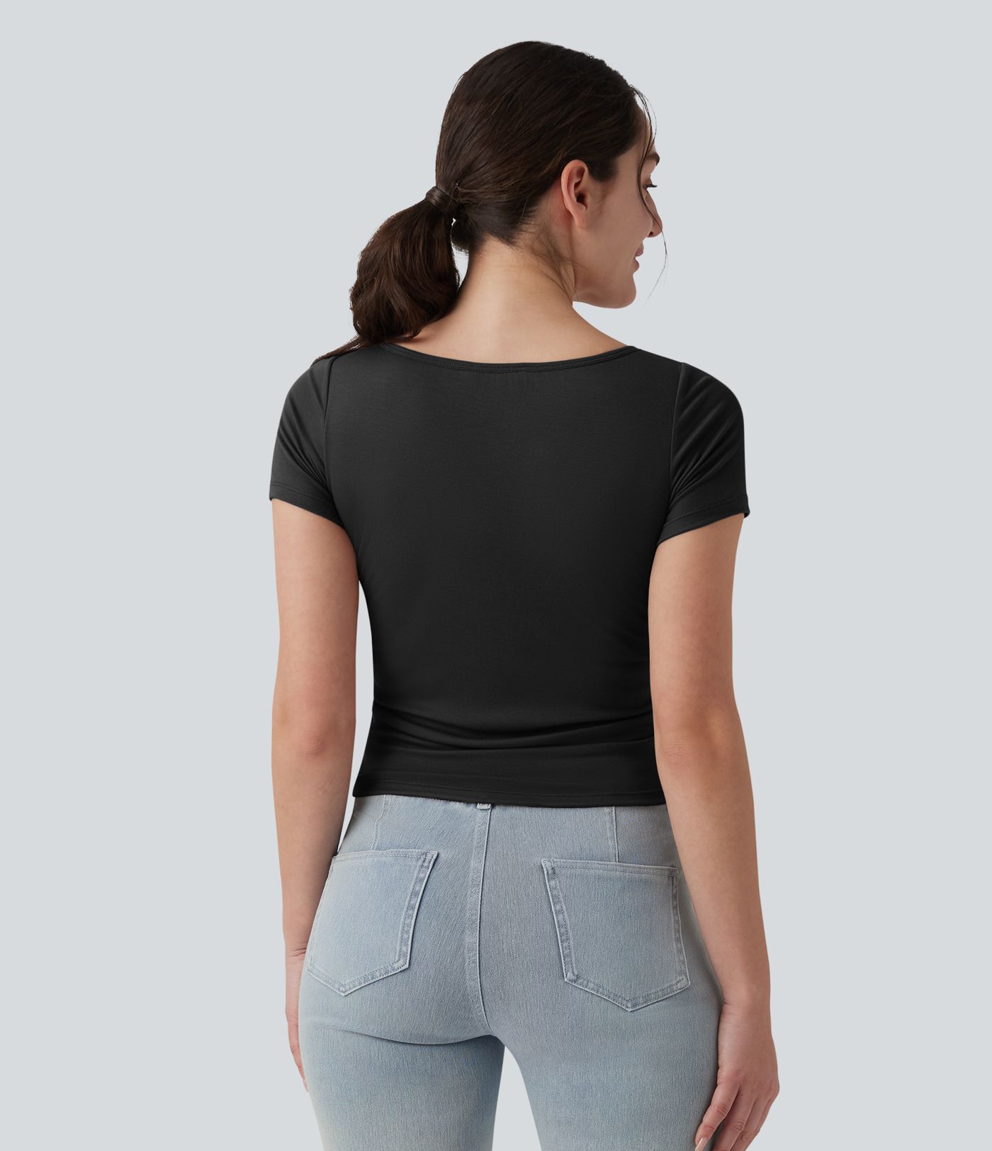 Ribbed Boat Neck Short Sleeve Ruched Built-in Bra Casual Slim T-Shirt