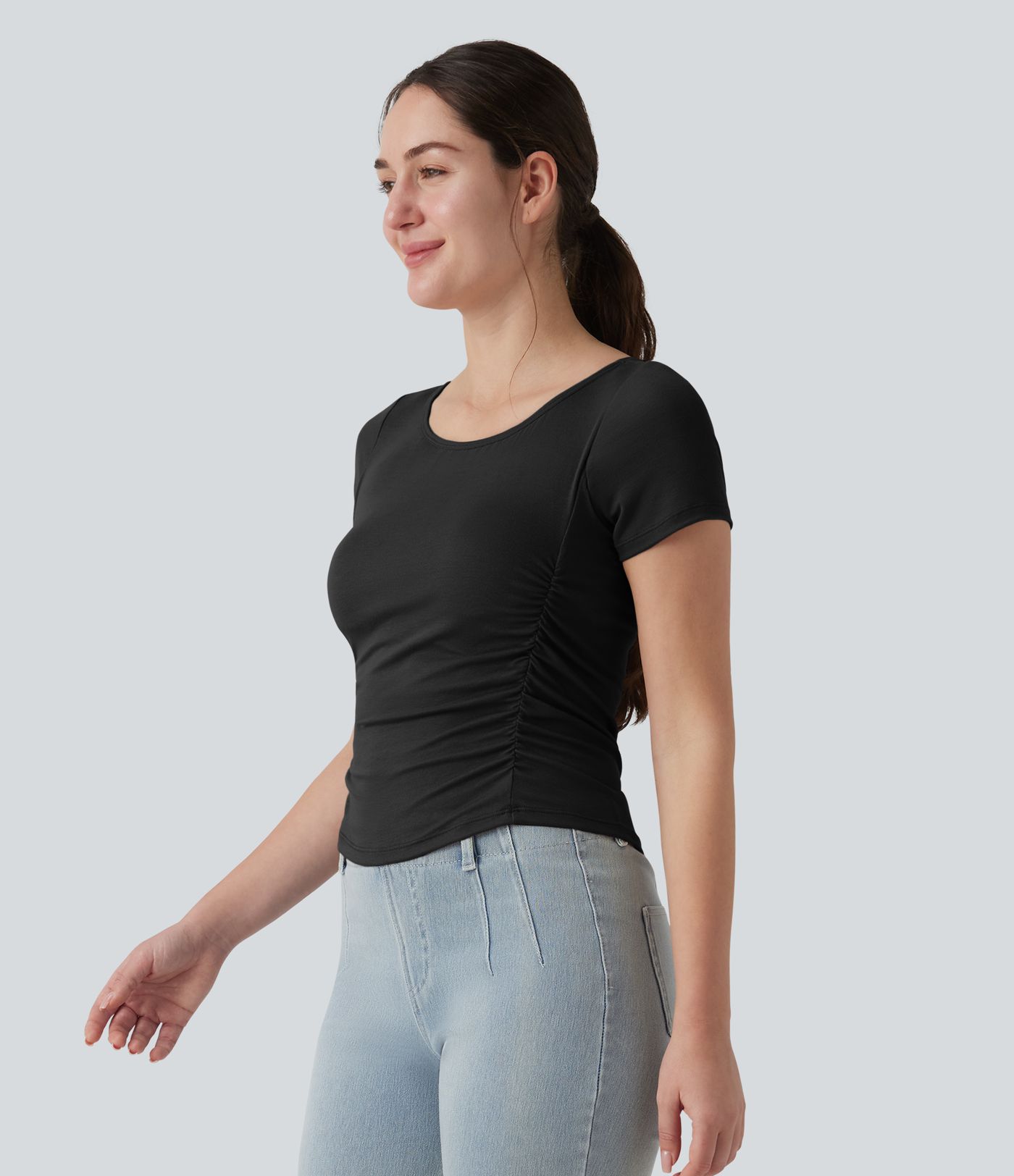 Ribbed Boat Neck Short Sleeve Ruched Built-in Bra Casual Slim T-Shirt