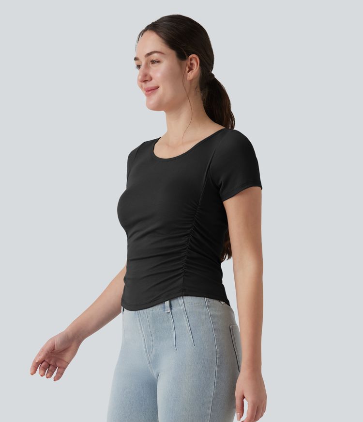 Ribbed Boat Neck Short Sleeve Ruched Built-in Bra Casual Slim T-Shirt
