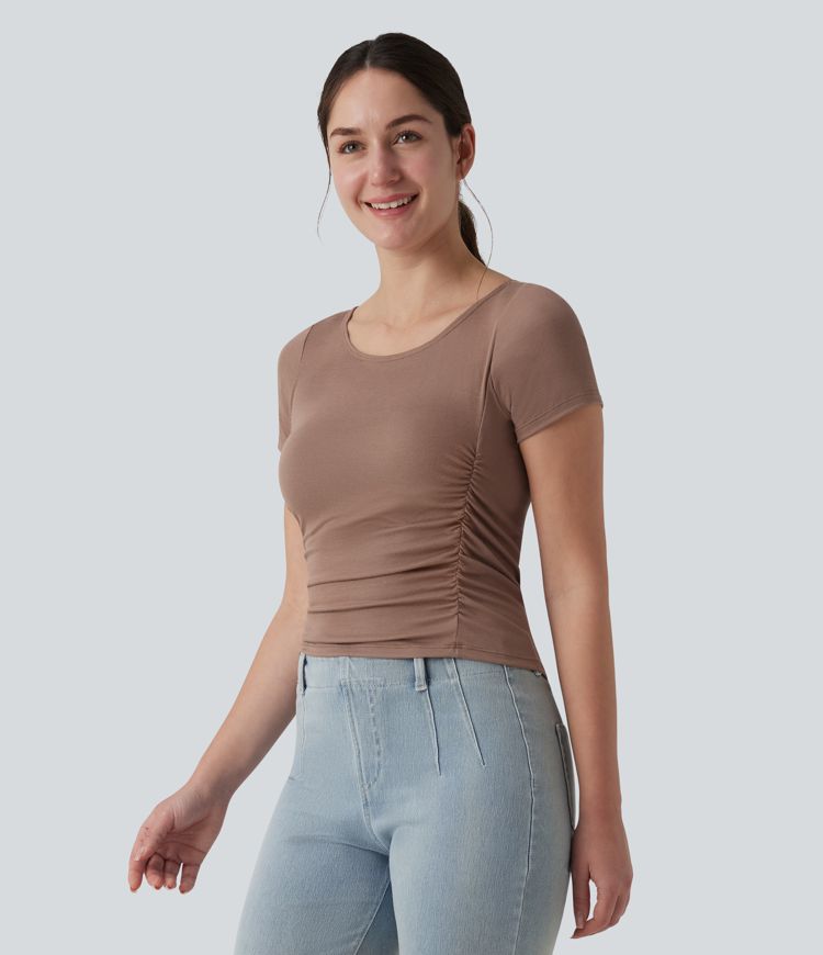 Ribbed Boat Neck Short Sleeve Ruched Built-in Bra Casual Slim T-Shirt
