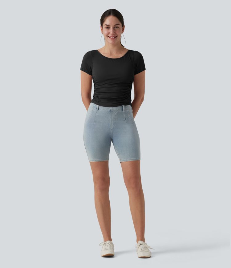 Ribbed Boat Neck Short Sleeve Ruched Built-in Bra Casual Slim T-Shirt