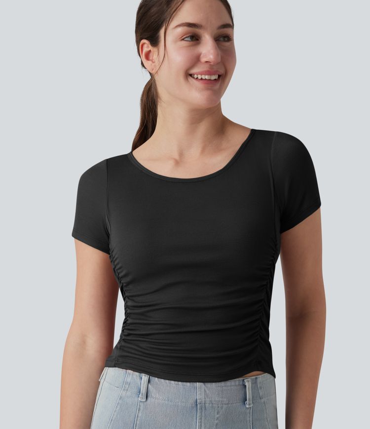 Ribbed Boat Neck Short Sleeve Ruched Built-in Bra Casual Slim T-Shirt