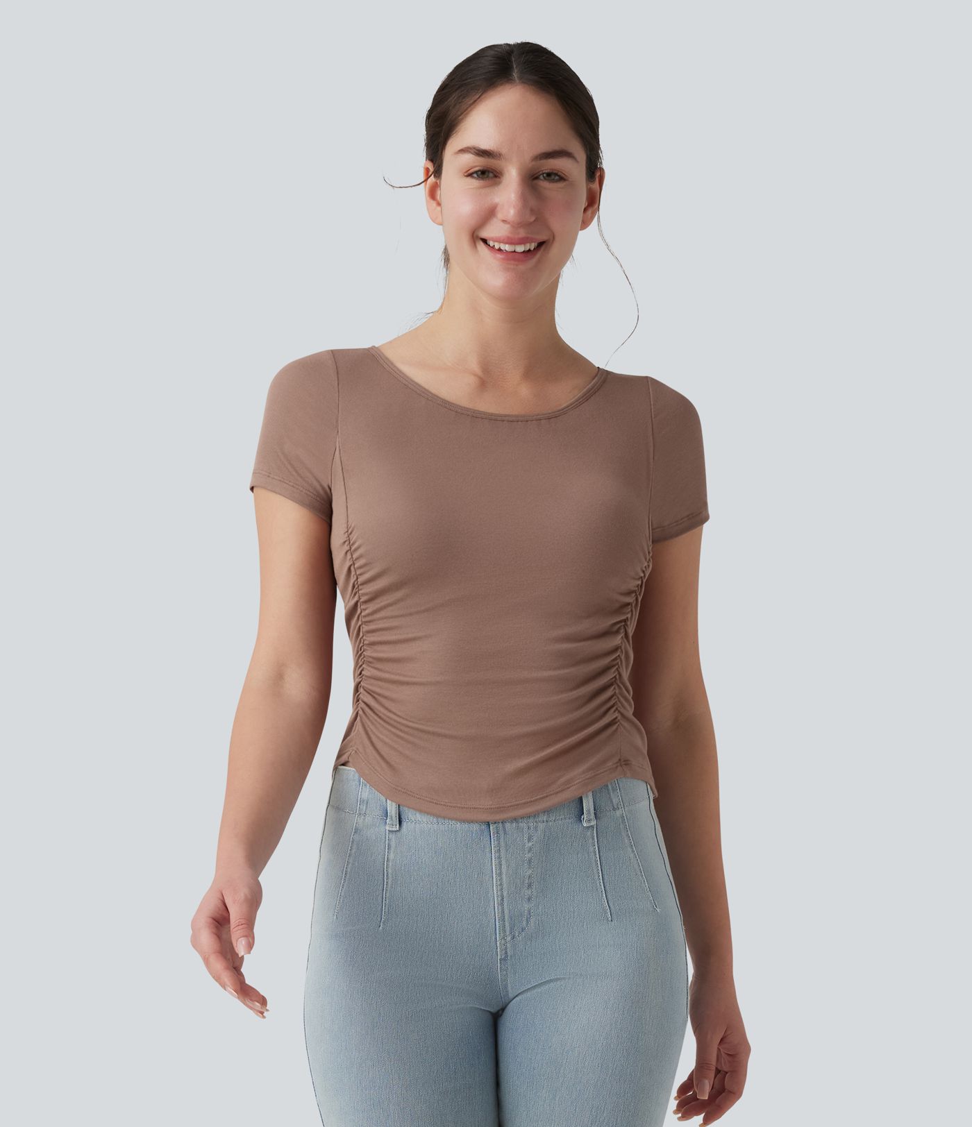 Ribbed Boat Neck Short Sleeve Ruched Built-in Bra Casual Slim T-Shirt