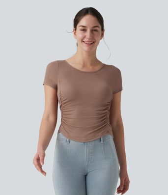 Ribbed Boat Neck Short Sleeve Ruched Built-in Bra Casual Slim T-Shirt