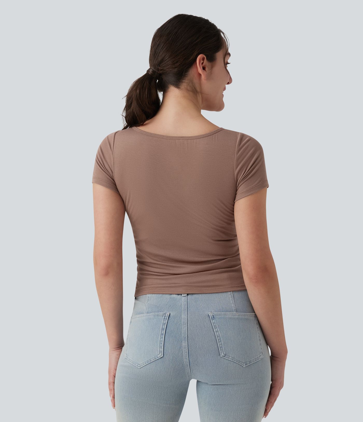 Ribbed Boat Neck Short Sleeve Ruched Built-in Bra Casual Slim T-Shirt