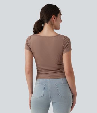 Ribbed Boat Neck Short Sleeve Ruched Built-in Bra Casual Slim T-Shirt