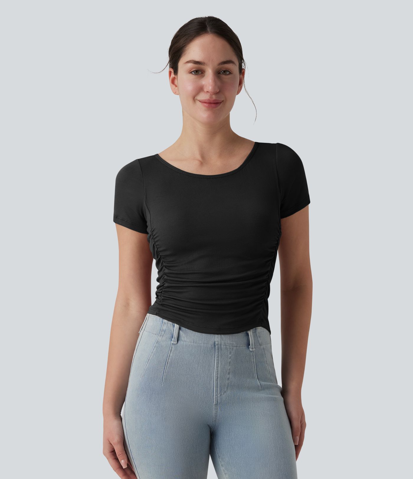 Ribbed Boat Neck Short Sleeve Ruched Built-in Bra Casual Slim T-Shirt