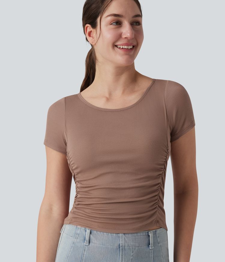 Ribbed Boat Neck Short Sleeve Ruched Built-in Bra Casual Slim T-Shirt