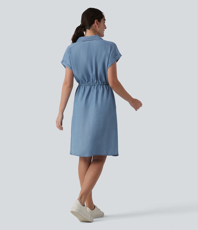 Collared Drawstring Button Fly Draped Casual Denim Shirt Dress with Pockets