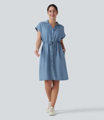 Collared Drawstring Button Fly Draped Casual Denim Shirt Dress with Pockets