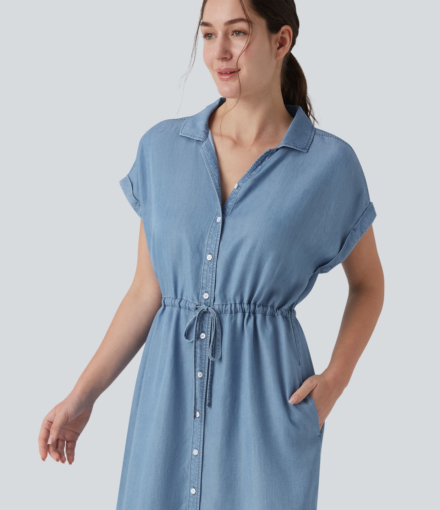 Collared Drawstring Button Fly Draped Casual Denim Shirt Dress with Pockets
