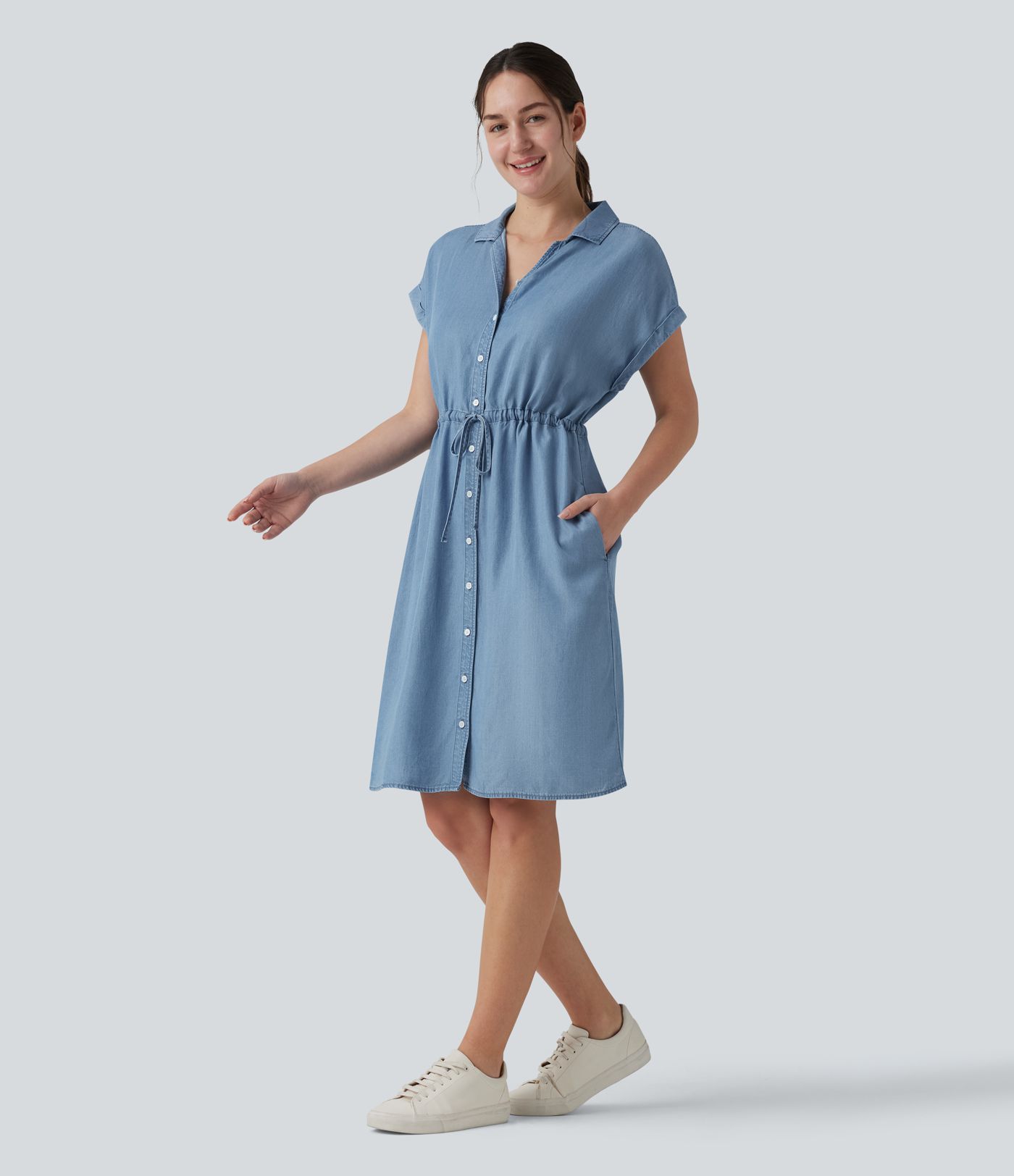 Collared Drawstring Button Fly Draped Casual Denim Shirt Dress with Pockets