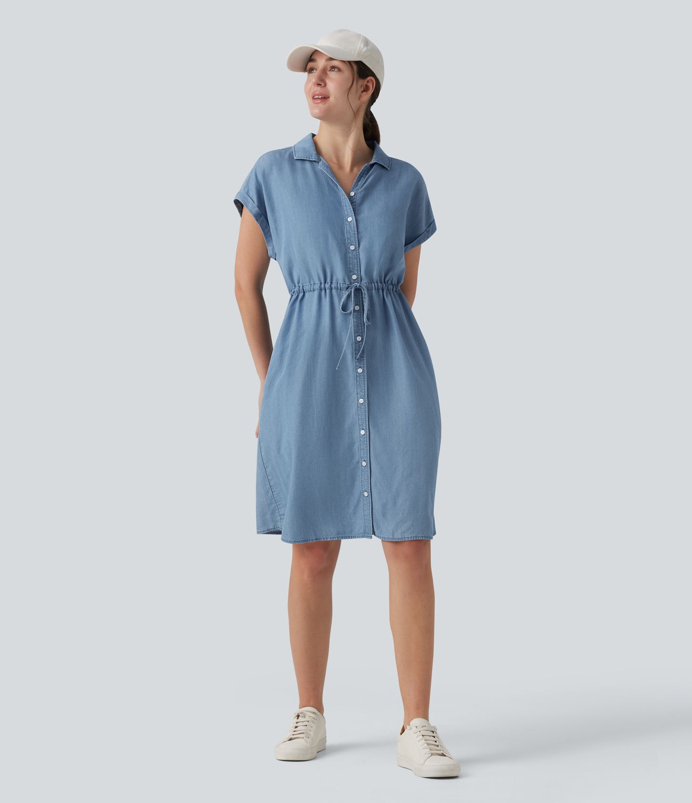 Collared Drawstring Button Fly Draped Casual Denim Shirt Dress with Pockets