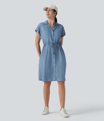 Collared Drawstring Button Fly Draped Casual Denim Shirt Dress with Pockets