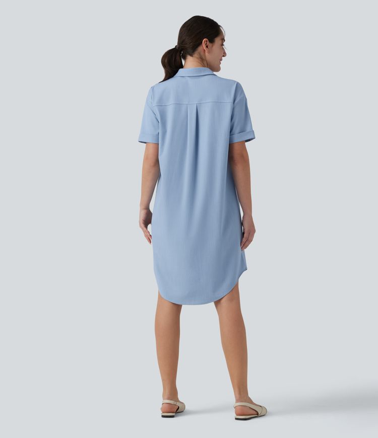 Short Sleeve Curved Hem Midi Casual Dress with Pockets