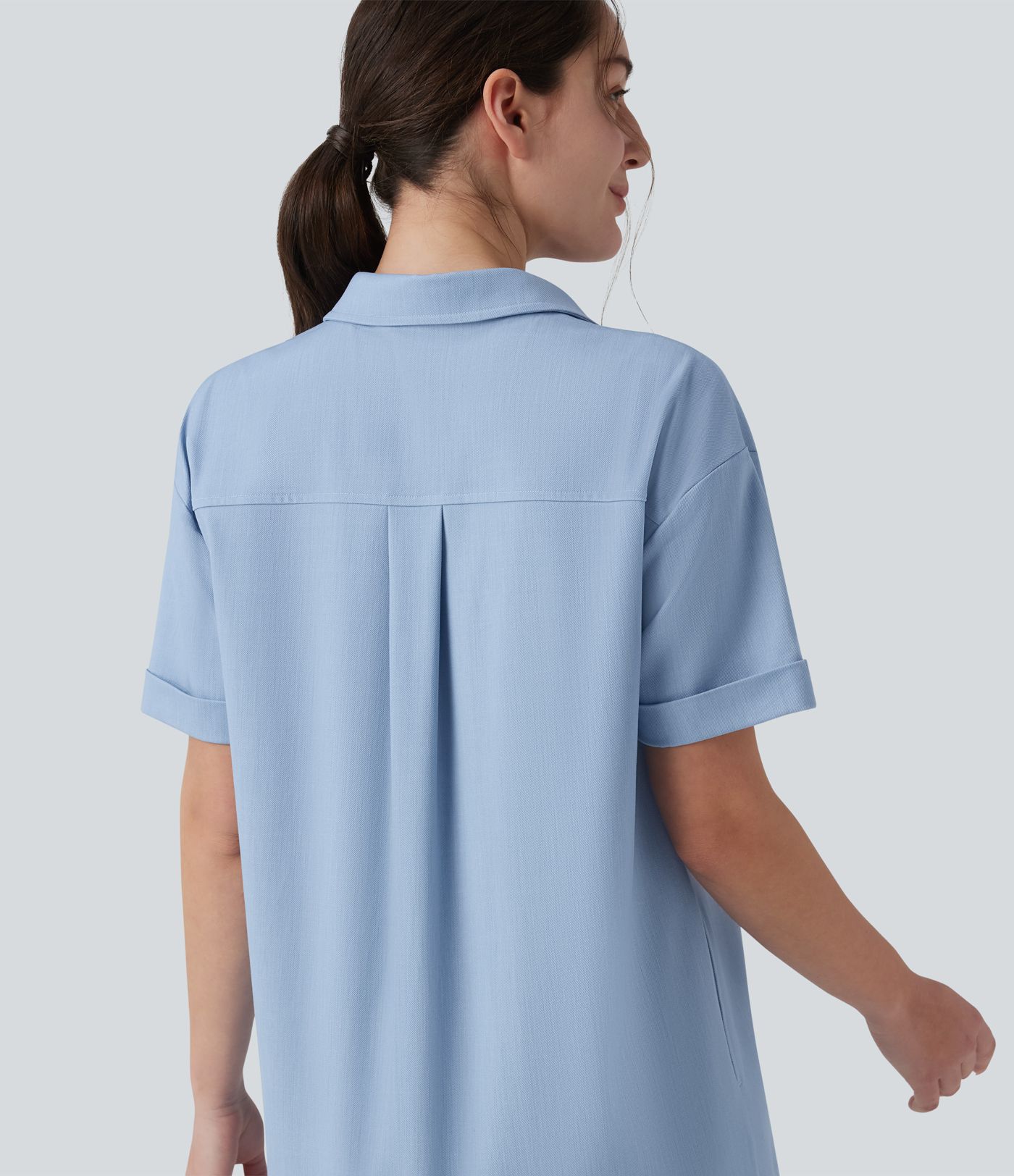 Short Sleeve Curved Hem Midi Casual Dress with Pockets