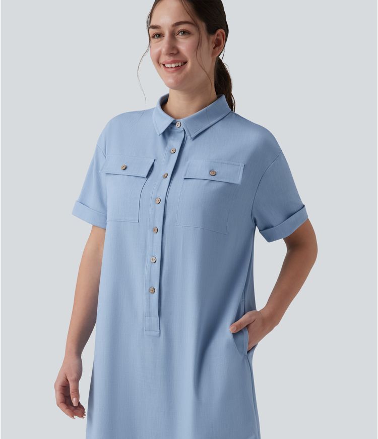 Short Sleeve Curved Hem Midi Casual Dress with Pockets