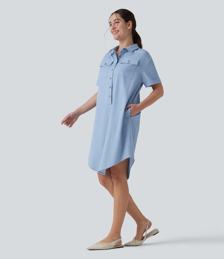 Short Sleeve Curved Hem Midi Casual Dress with Pockets