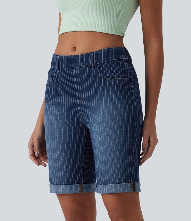 Halara Flex™ Mid Rise Rolled Hem Stripes Denim Casual Skinny Shorts with Pockets