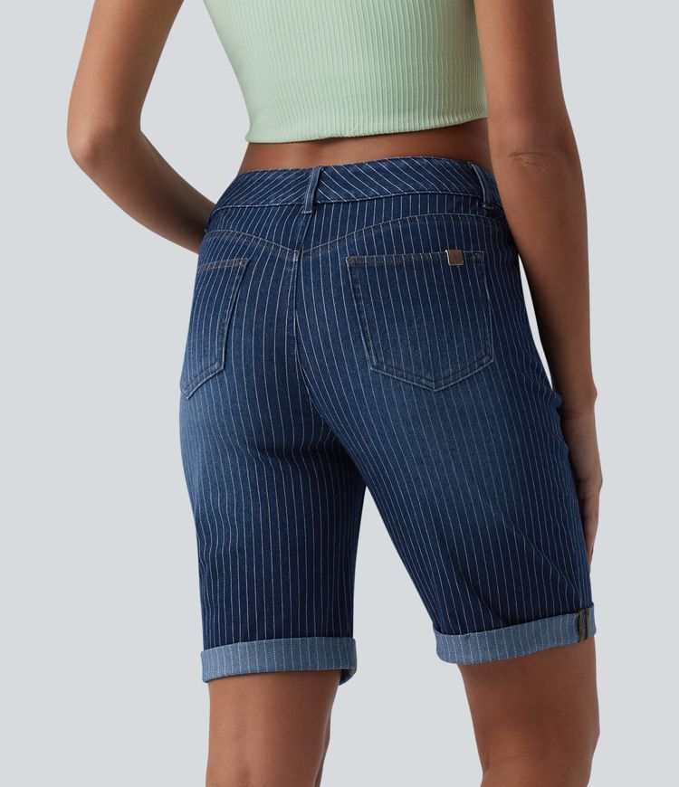 Halara Flex™ Mid Rise Rolled Hem Stripes Denim Casual Skinny Shorts with Pockets