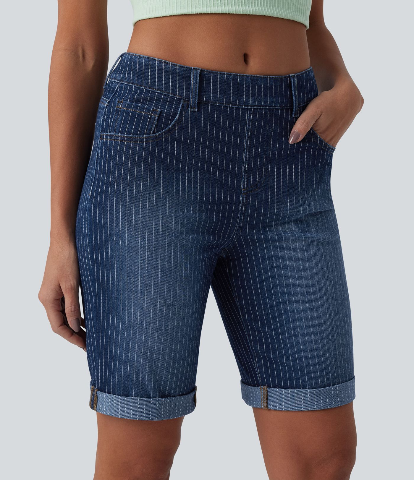 Halara Flex™ Mid Rise Rolled Hem Stripes Denim Casual Skinny Shorts with Pockets