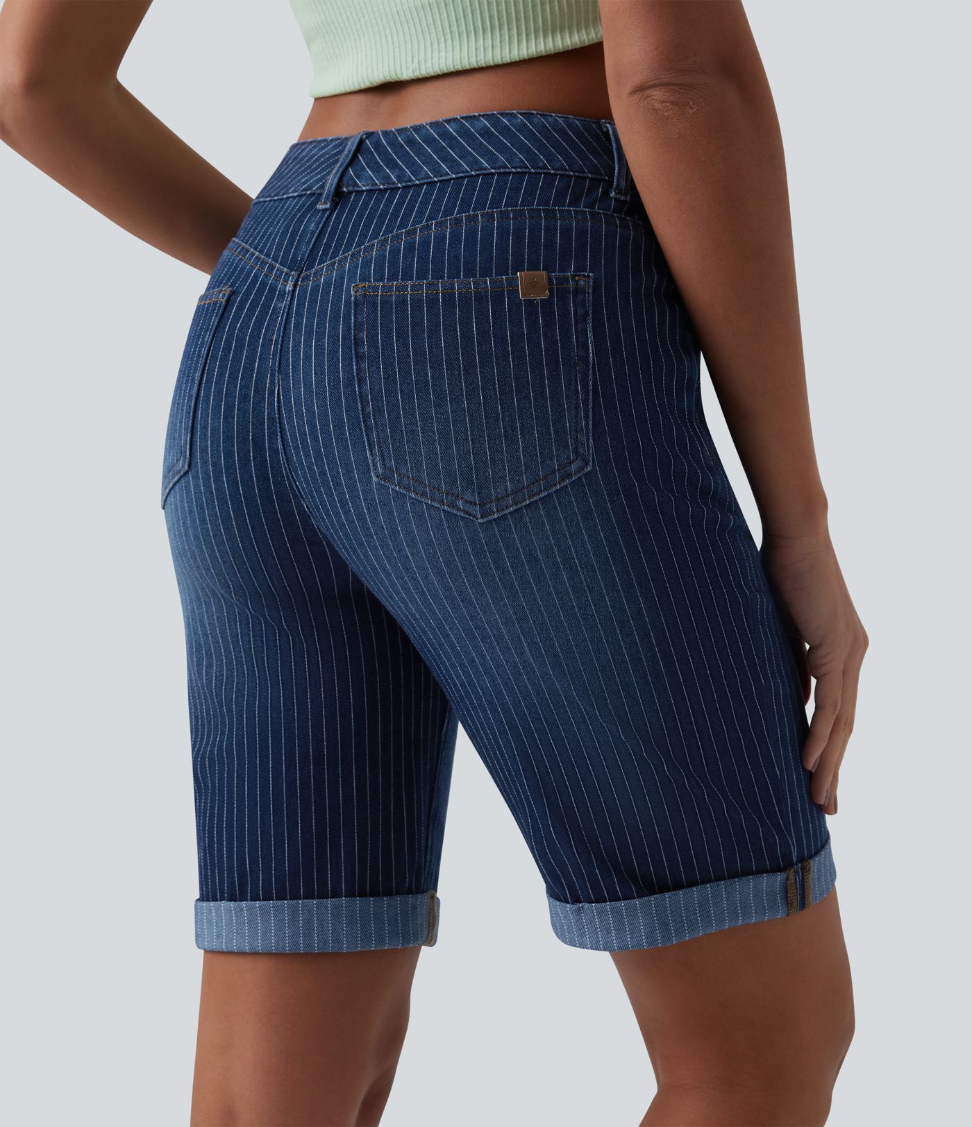 Halara Flex™ Mid Rise Rolled Hem Stripes Denim Casual Skinny Shorts with Pockets