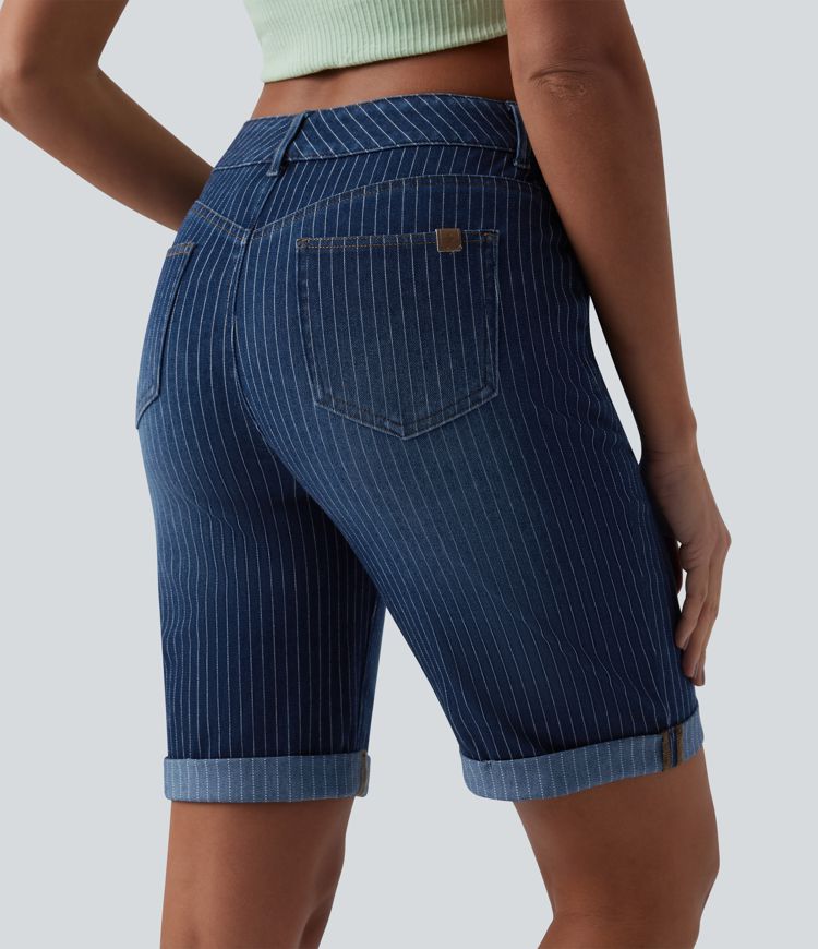 Halara Flex™ Mid Rise Rolled Hem Stripes Denim Casual Skinny Shorts with Pockets