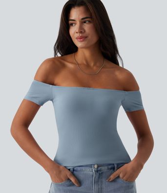 Ribbed Knit Off Shoulder Short Sleeve 2-in-1 Casual Top