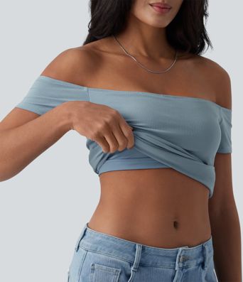 Ribbed Knit Off Shoulder Short Sleeve 2-in-1 Casual Top