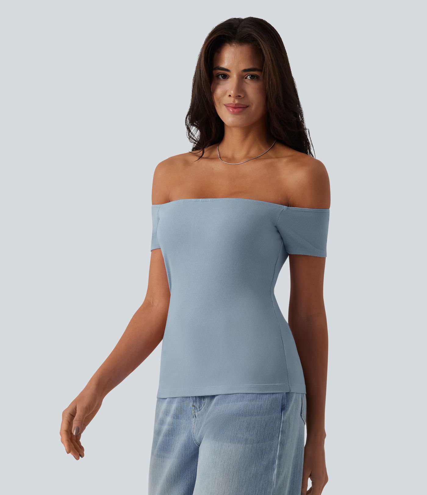 Ribbed Knit Off Shoulder Short Sleeve 2-in-1 Casual Top