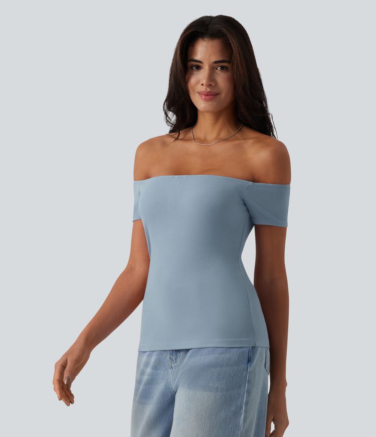 Ribbed Knit Off Shoulder Short Sleeve 2-in-1 Casual Top