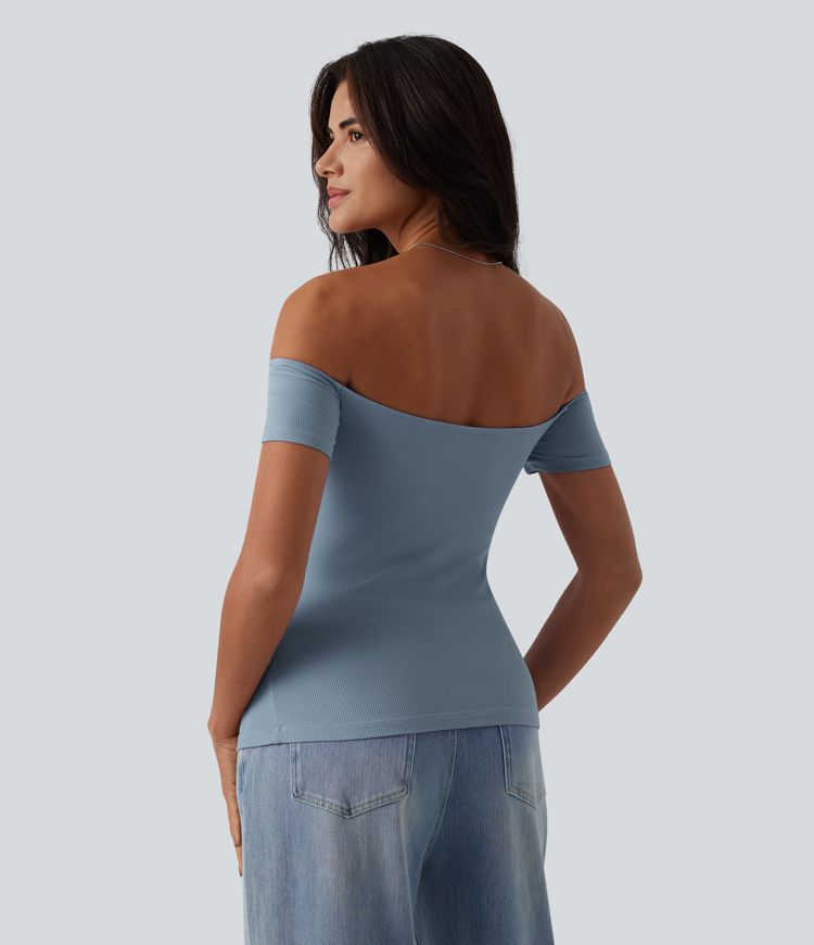 Ribbed Knit Off Shoulder Short Sleeve 2-in-1 Casual Top
